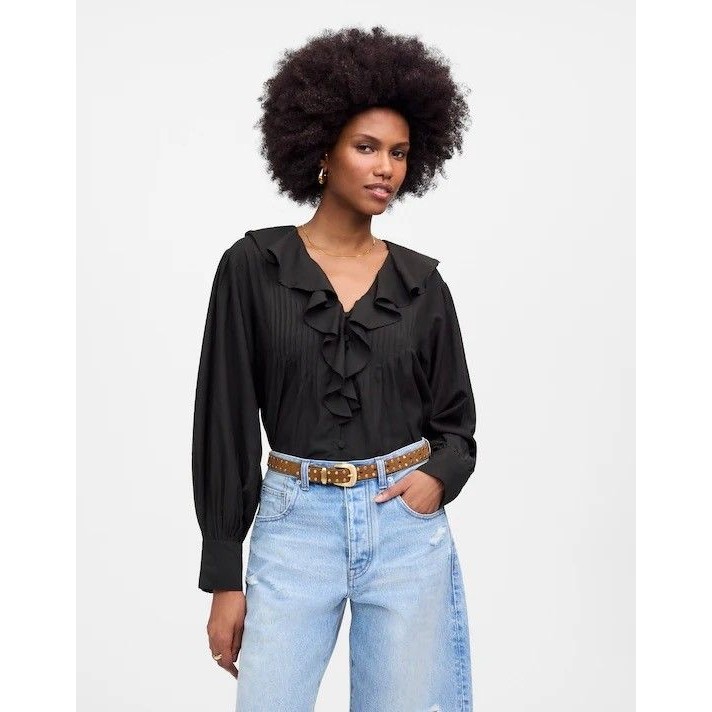 Madewell Ruffled Pintucked Long-Sleeve Top S True Black Cotton Viscose Nwt B36